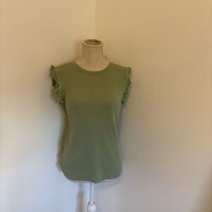 La Miel Sage Green Ribbed Ruffle Sleeve Knit Top | Size M